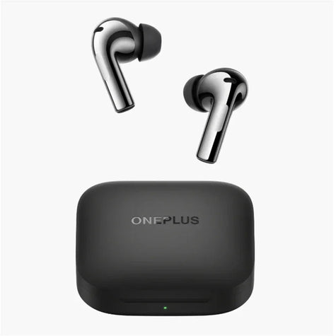 OnePlus black wireless earbuds with charging case on white background