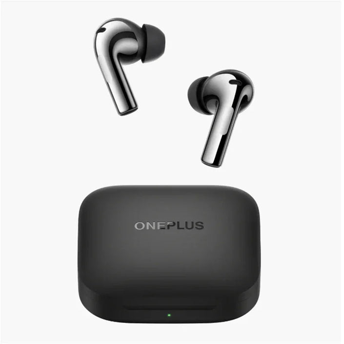 OnePlus black wireless earbuds with charging case on white background