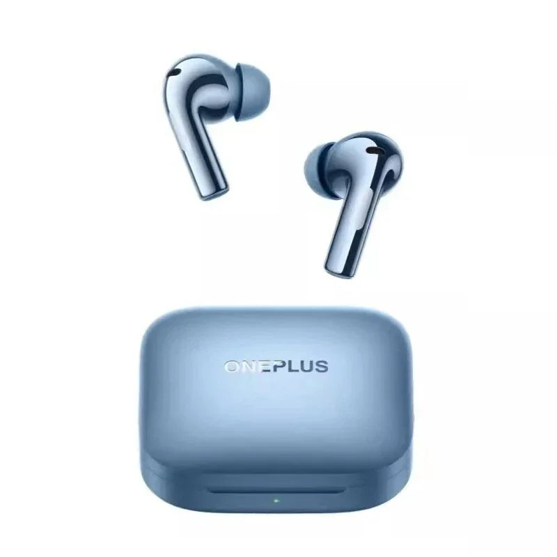 OnePlus blue wireless earbuds with charging case on white background