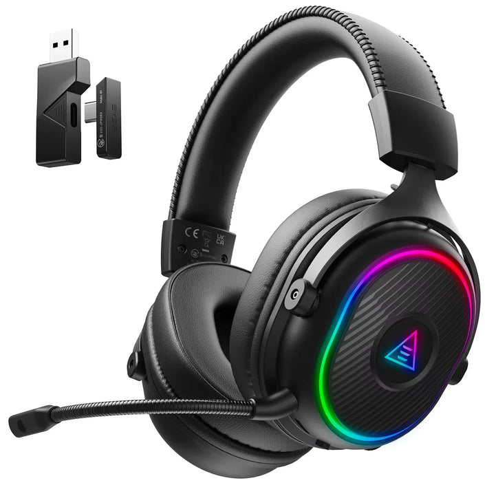 Wireless gaming headset with RGB lighting, attached microphone, and USB dongle adapter