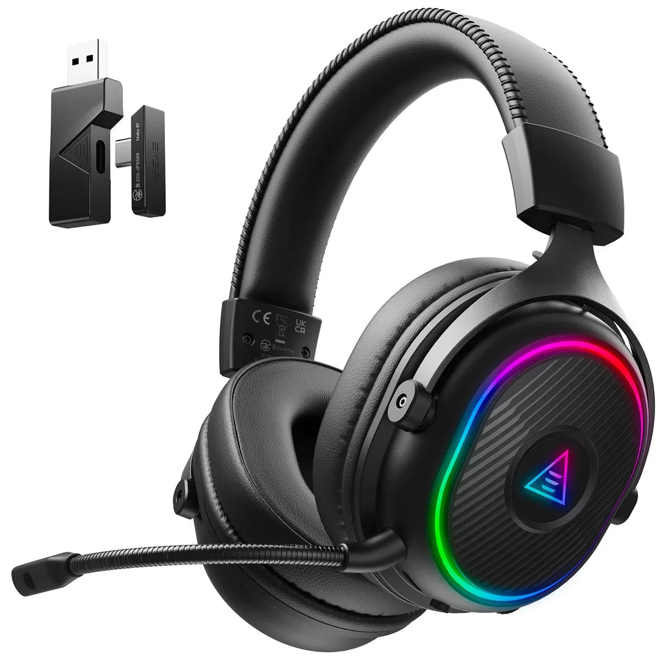 Wireless gaming headset with RGB lighting, attached microphone, and USB dongle adapter