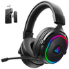 Wireless gaming headset with RGB lighting, attached microphone, and USB dongle adapter