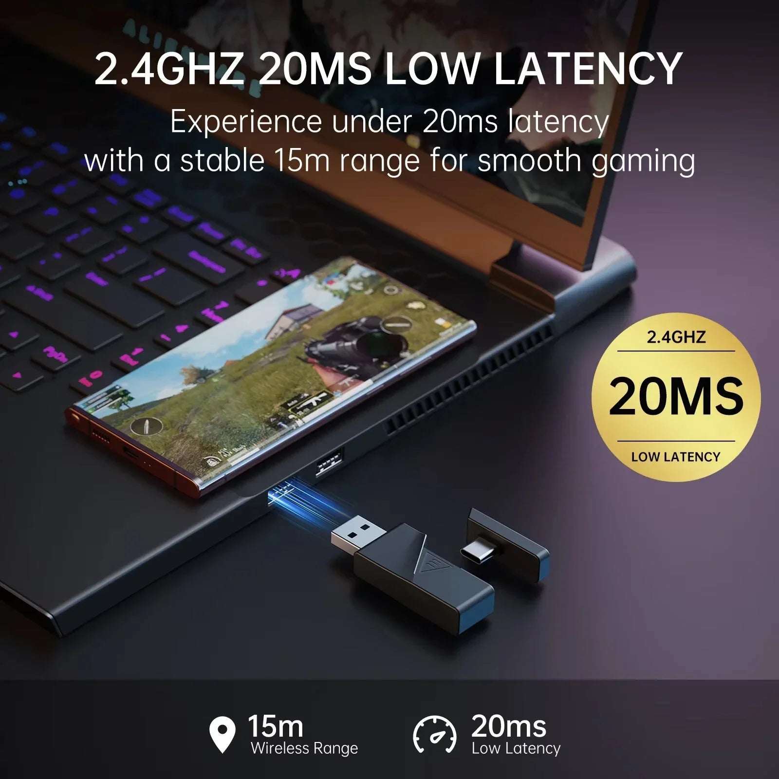 2.4GHz low latency USB adapter with 20ms response, laptop and gaming phone setup