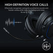 High-definition voice call headset with attached microphone and sound wave graphic on black background