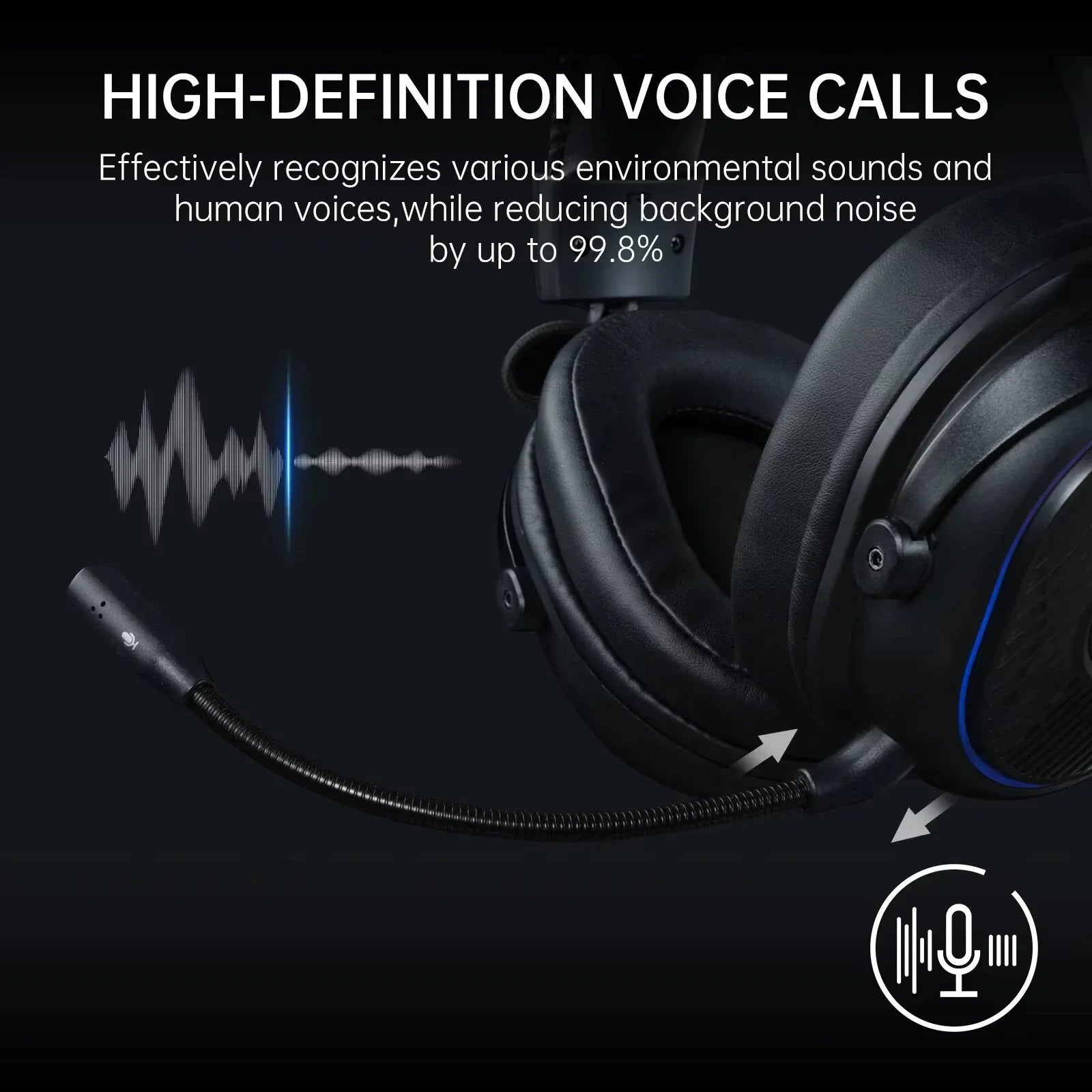 High-definition voice call headset with attached microphone and sound wave graphic on black background