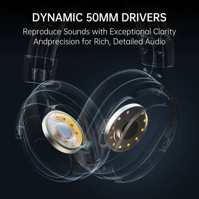 Transparent headphones showing dynamic 50mm drivers with detailed audio components