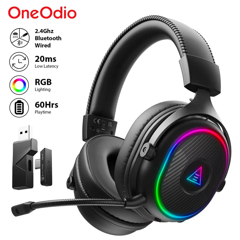 OneOdio wireless gaming headset with RGB lighting, detachable mic, USB dongle, and 60-hour battery