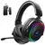 Wireless gaming headset with RGB lighting and USB dongle, black with built-in microphone
