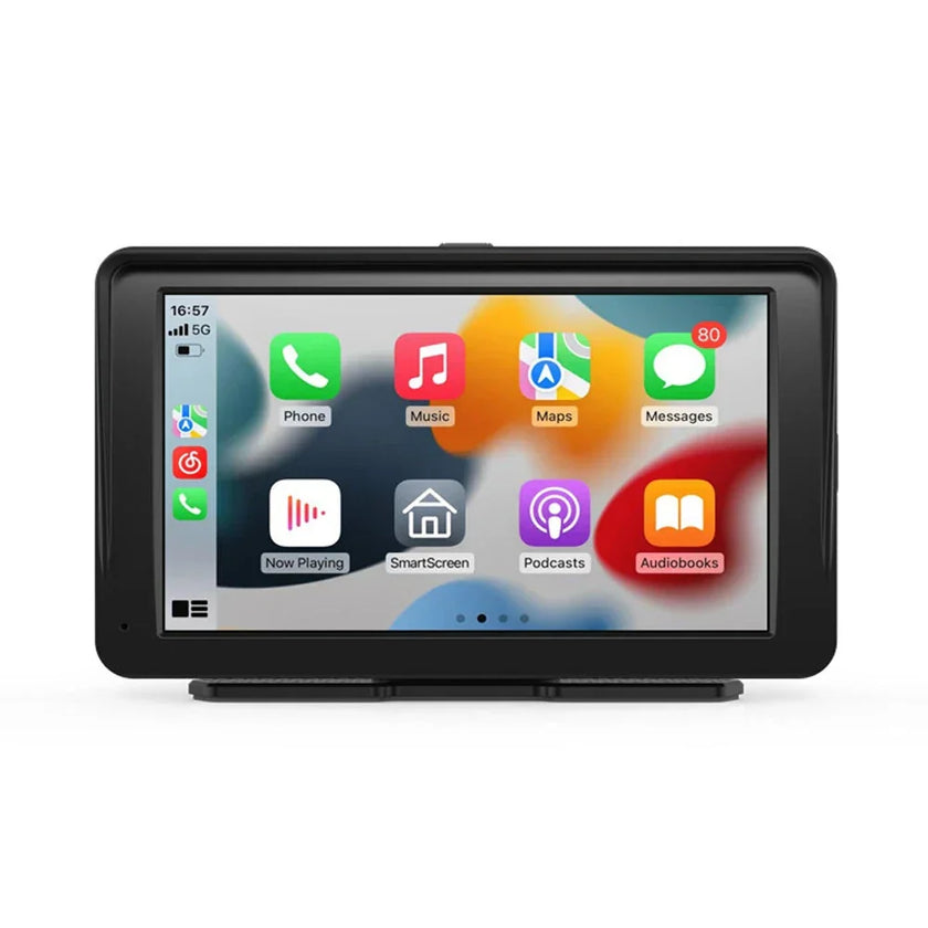 Car touchscreen display with Apple CarPlay apps including Phone, Music, Maps, and Messages.