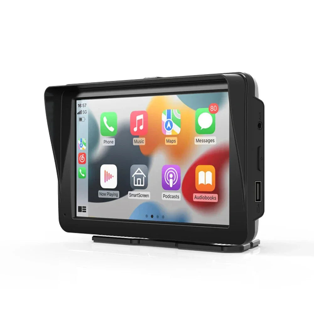 Touchscreen car stereo with Apple CarPlay interface, colorful app icons displayed