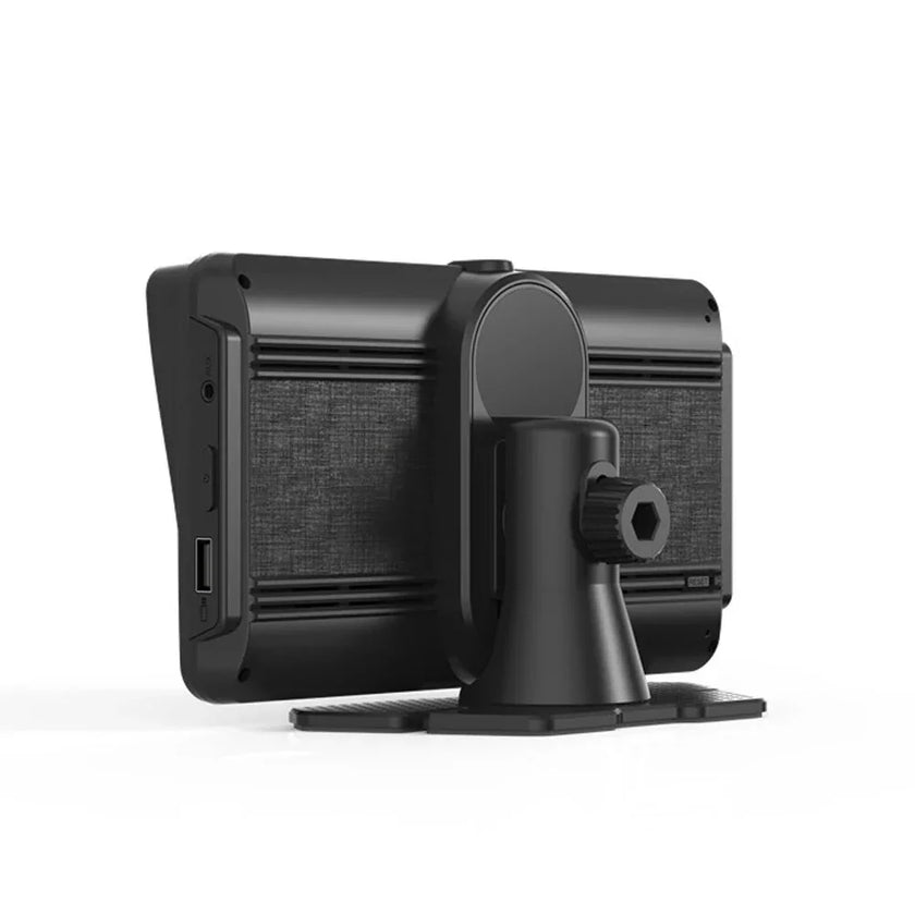 Black digital device rear view with adjustable mount and USB port on a white background