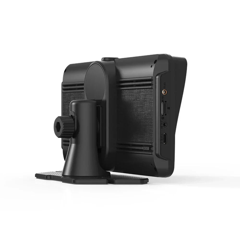 Rear view of a black car GPS navigation device on a mounting stand