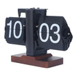 Retro flip clock with black cards, white numbers, and brown wooden base on white background