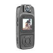 Compact action camera with display showing cyclist, black body, control buttons