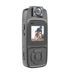 Compact action camera with display showing cyclist, black body, control buttons