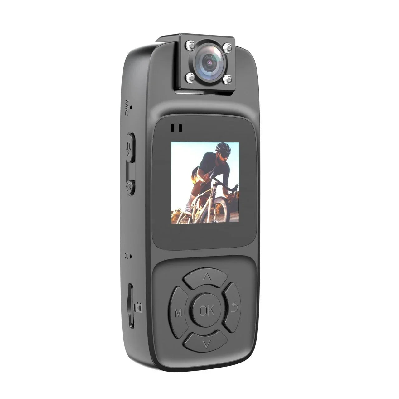 Compact action camera with display showing cyclist, black body, control buttons