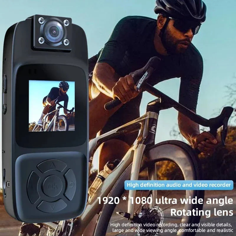 Ultra wide angle 1080p video recorder with cyclist riding road bike at sunset