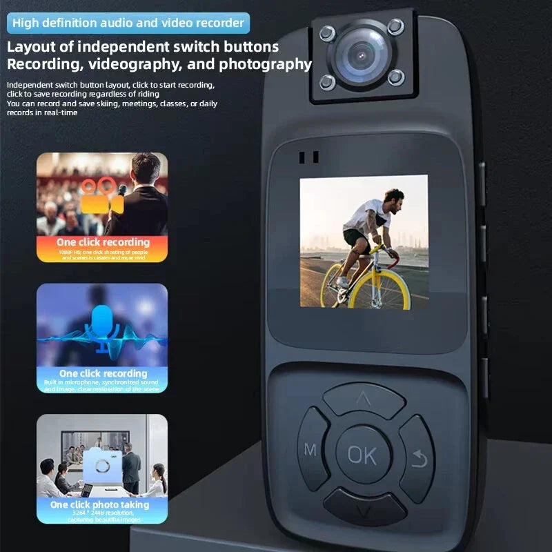 High definition audio video recorder with LCD screen, cyclist image, and control buttons
