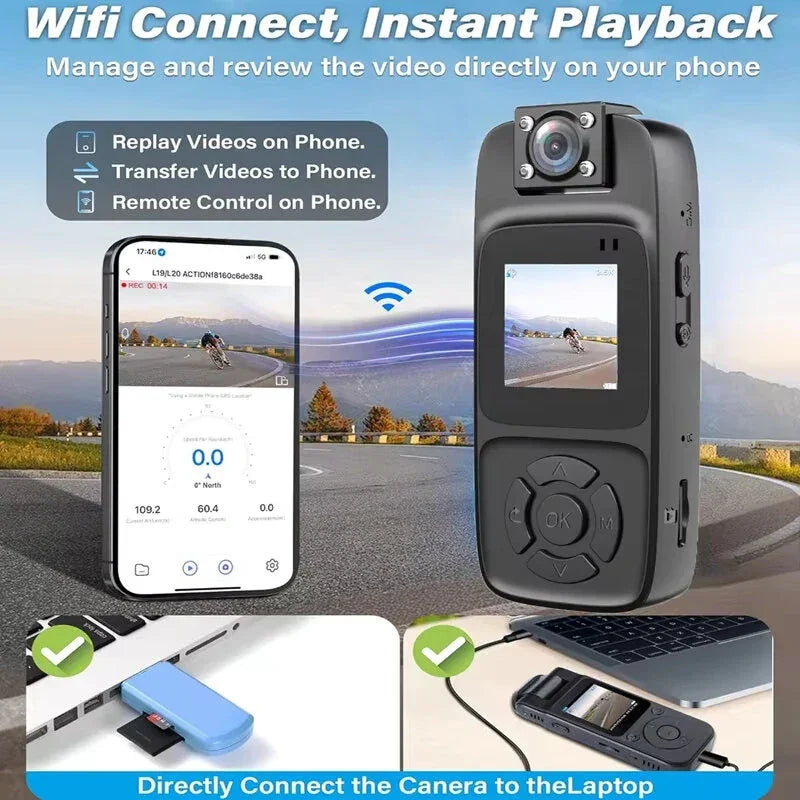 WiFi action camera with instant playback, shown connecting to smartphone and laptop for video review