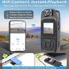WiFi action camera with instant playback, shown connecting to smartphone and laptop for video review