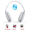 Wireless Bluetooth headset with white ear cushions, compatible with cell phone, tablet, laptop
