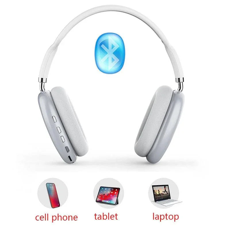 Wireless Bluetooth headset with white ear cushions, compatible with cell phone, tablet, laptop