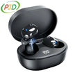 Black wireless Bluetooth mini earbuds charging in open case with LED display
