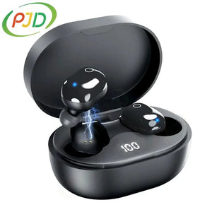 Black wireless Bluetooth mini earbuds charging in open case with LED display