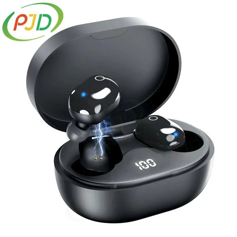 Black wireless Bluetooth mini earbuds charging in open case with LED display