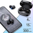 Wireless Bluetooth mini earbuds with charging case, smartphone, battery life details shown.