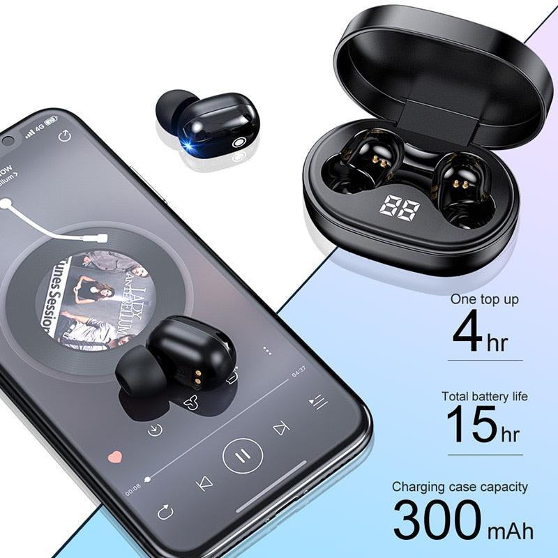 Wireless Bluetooth mini earbuds with charging case, smartphone, battery life details shown.